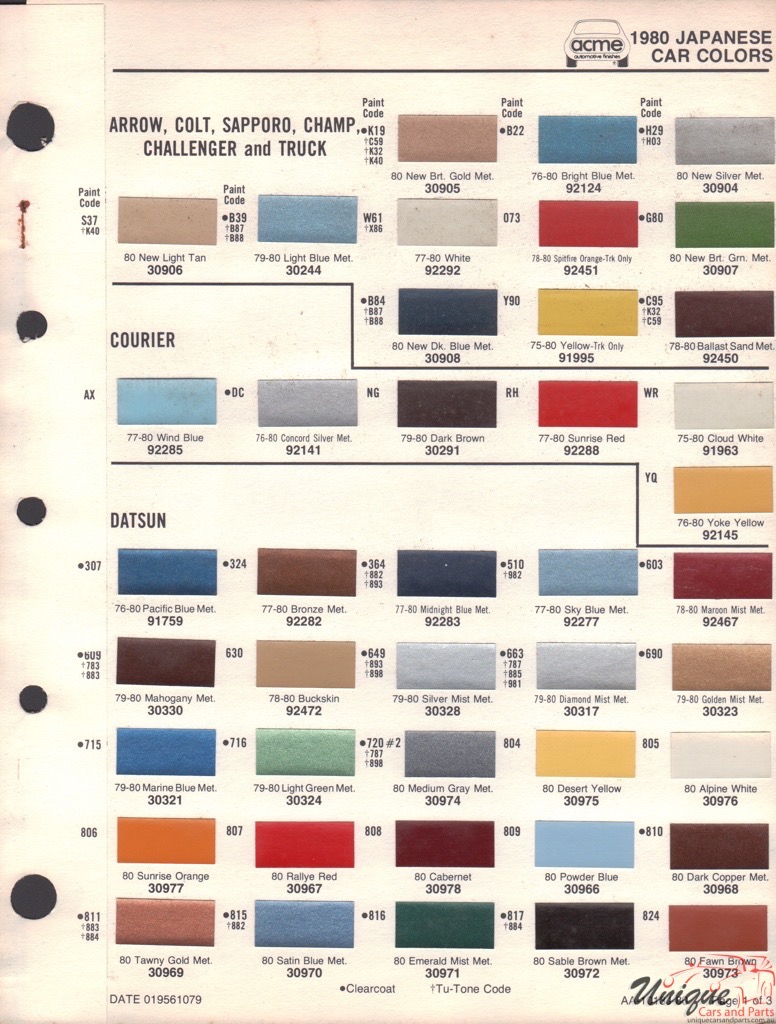 1980 Datsun Paint Charts Acme